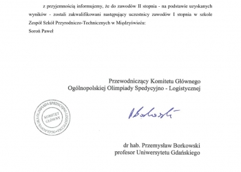 pismo zawiadamiające o zakwalifikowaniu się Pawła Soronia do II etapu olimpiady logistycznej 2023